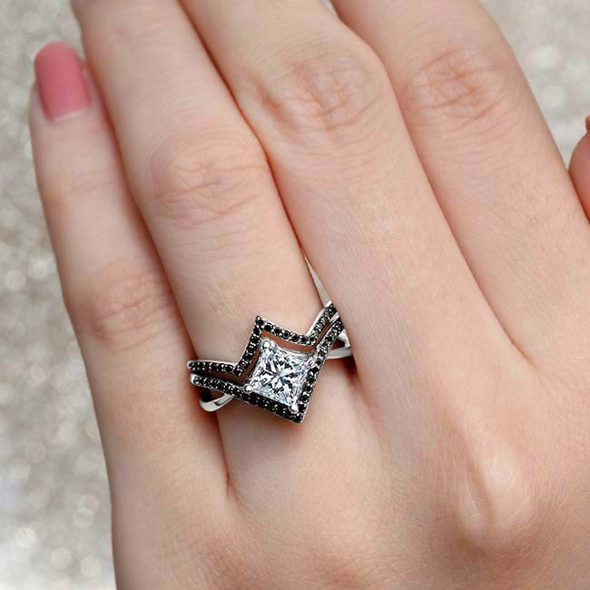 Barkev's Black Diamond Accent Princess Cut Bridal Set On Model's Hand