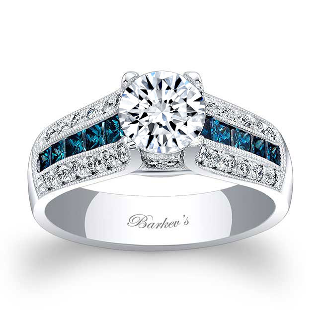 Vintage Milgrain Blue Diamond Accent Moissanite Engagement Ring