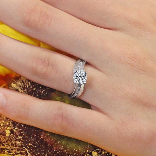 White Gold Moissanite Milgrain Pave Engagement Ring Image 3