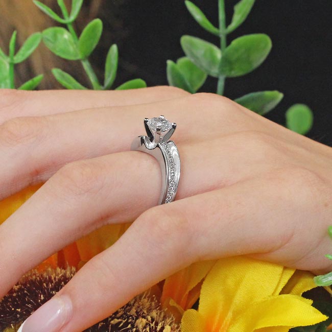 White Gold Moissanite Milgrain Pave Engagement Ring Image 4