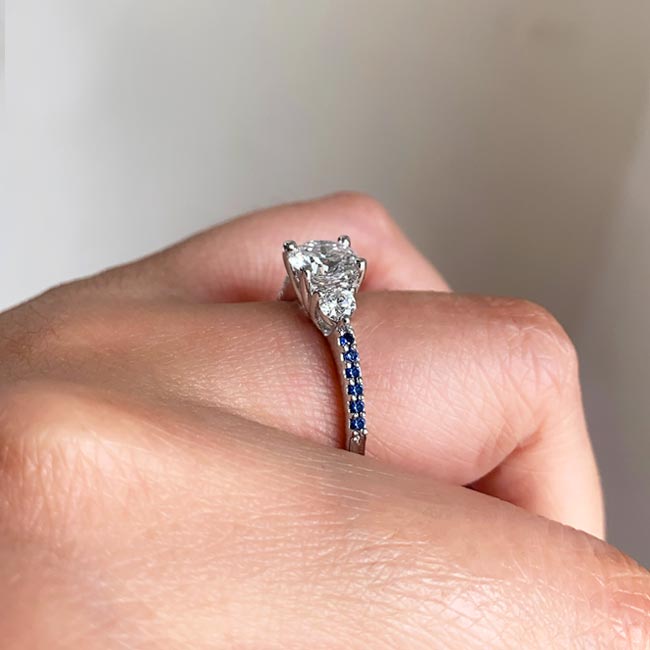 Platinum 3 Stone Lab Diamond Ring With Blue Sapphire Accents Image 4