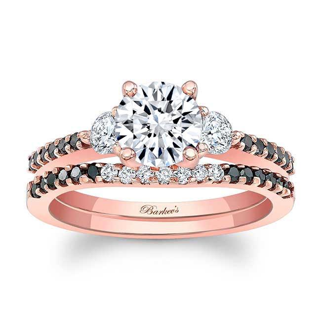  Rose Gold 3 Stone Black Diamond Accent Wedding Ring Set Image 1