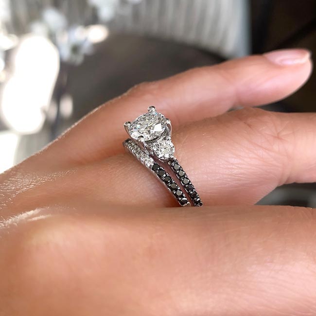 Platinum 3 Stone Black Diamond Accent Moissanite Wedding Ring Set Image 4