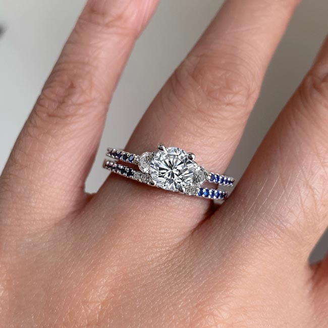 White Gold 3 Stone Sapphire Accent Moissanite Wedding Ring Set Image 3