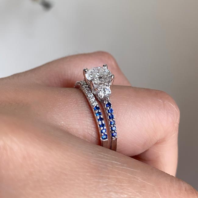 White Gold 3 Stone Lab Diamond Wedding Ring Set With Blue Sapphire Accents Image 4