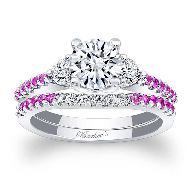  White Gold 3 Stone Pink Sapphire Accent Moissanite Wedding Ring Set Image 1