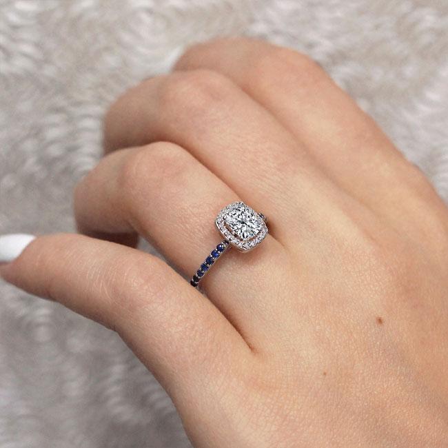  White Gold 1 Carat Cushion Halo Sapphire And Diamond Engagement Ring Image 4