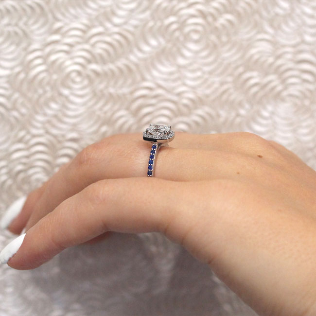  White Gold 1 Carat Cushion Halo Sapphire And Diamond Engagement Ring Image 6