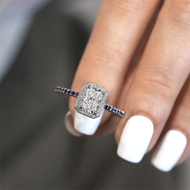 Platinum 1 Carat Radiant Moissanite Halo Sapphire Engagement Ring Image 3