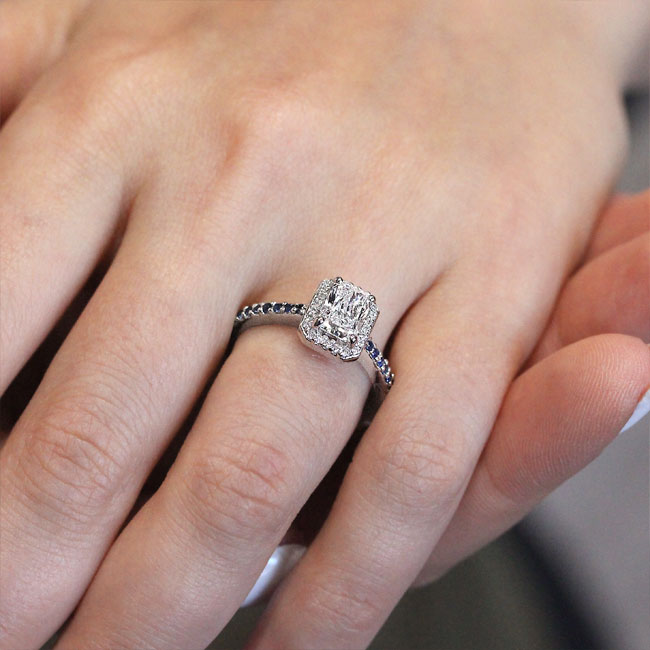 Platinum 1 Carat Radiant Moissanite Halo Sapphire Engagement Ring Image 4