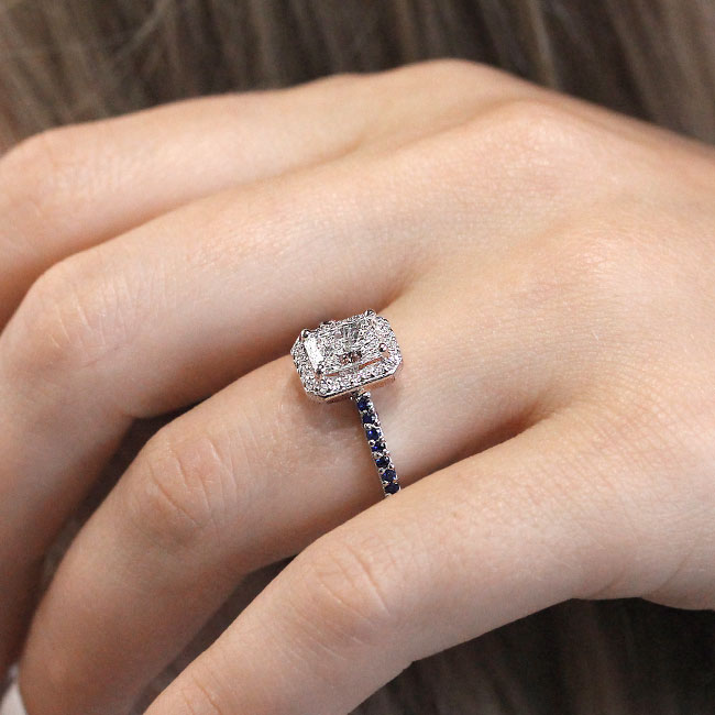 Platinum 1 Carat Radiant Moissanite Halo Sapphire Engagement Ring Image 5
