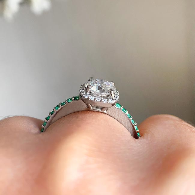1 Carat Round Diamond Halo Engagement Ring With Emeralds Image 3