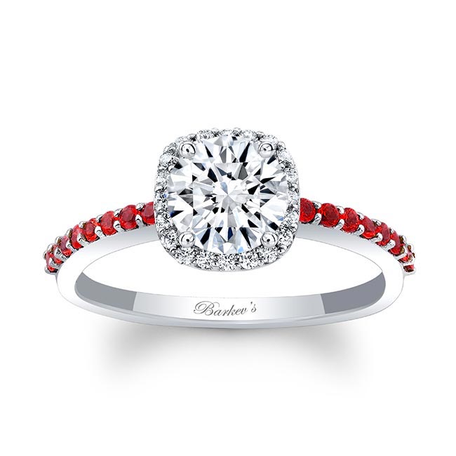1 Carat Round Moissanite Halo Engagement Ring With Rubies