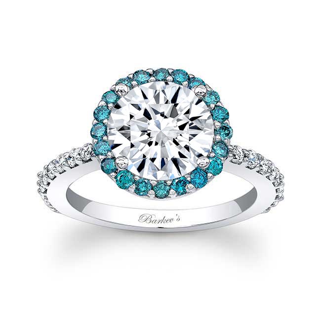 2 Carat Moissanite Halo Blue Diamond Accent Engagement Ring