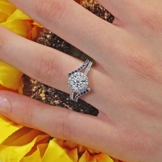 Platinum Contemporary Blue Sapphire Accent Moissanite Engagement Ring Image 3