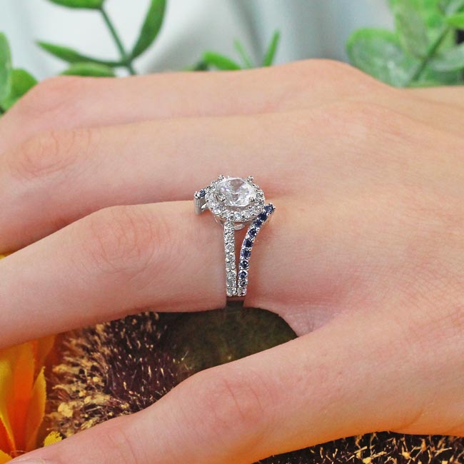 Platinum Contemporary Blue Sapphire Accent Moissanite Engagement Ring Image 4