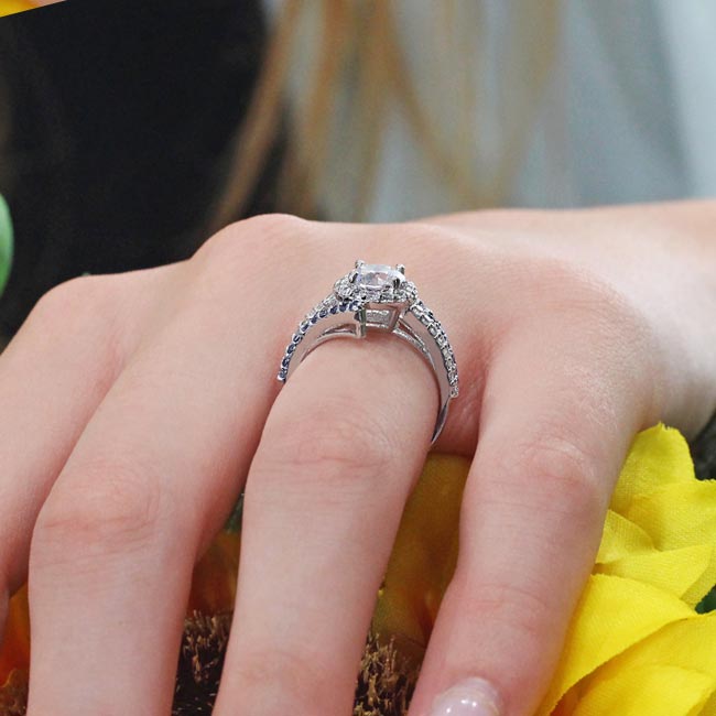 Platinum Contemporary Blue Sapphire Accent Moissanite Engagement Ring Image 5