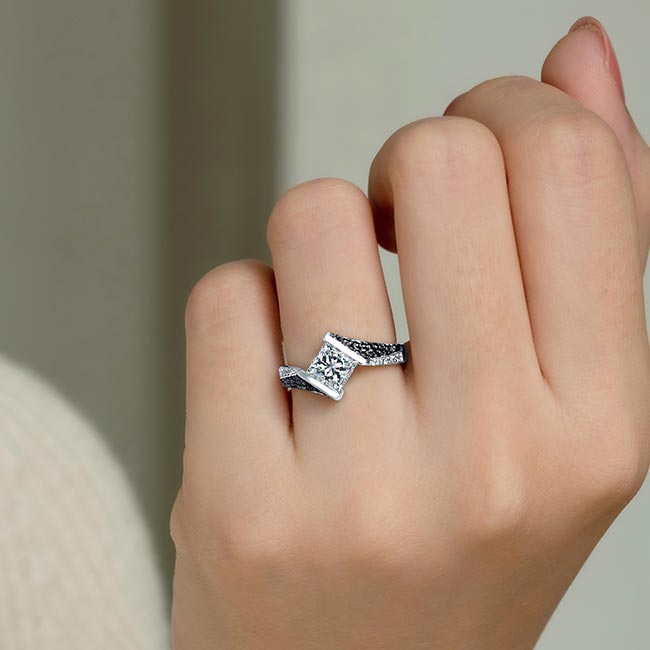  White Gold Pave Princess Cut Black Diamond Accent Moissanite Ring Image 3