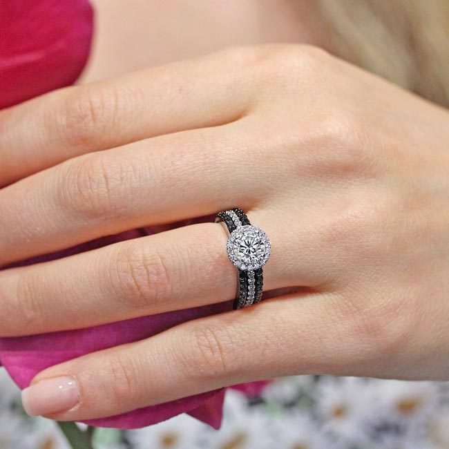  3 Piece Moissanite Black Diamond Accent Halo Wedding Ring Set Image 2
