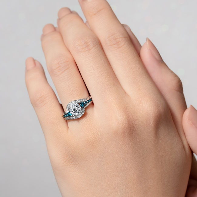  White Gold Unique Blue Diamond Accent Engagement Ring Image 3