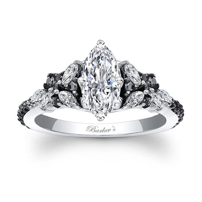White Gold Marquise Vintage Black Diamond Accent Engagement Ring