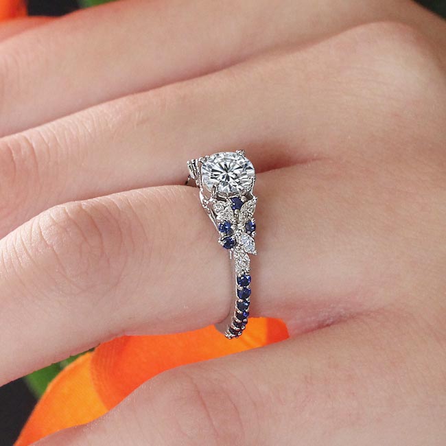 White Gold Vintage Lab Diamond Marquise Ring With Blue Sapphires Image 4