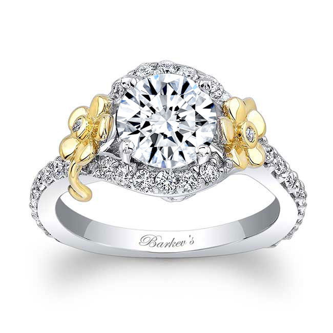  White Yellow Gold Flower Engagement Ring Image 1