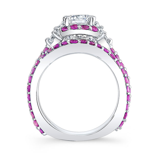  White Gold Unique Halo Pink Sapphire Accent Moissanite Bridal Set Image 2