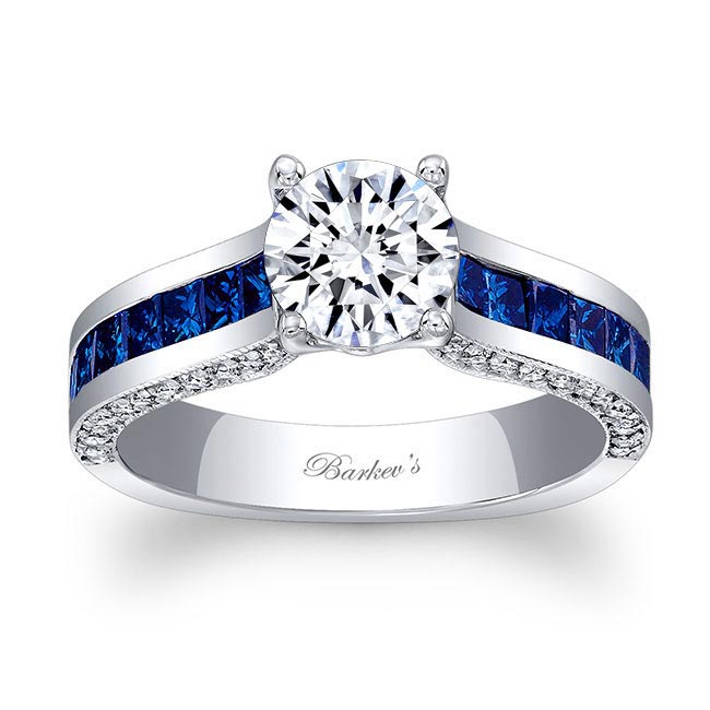 Platinum Round And Princess Cut Lab Diamond Ring With Blue Sapphires