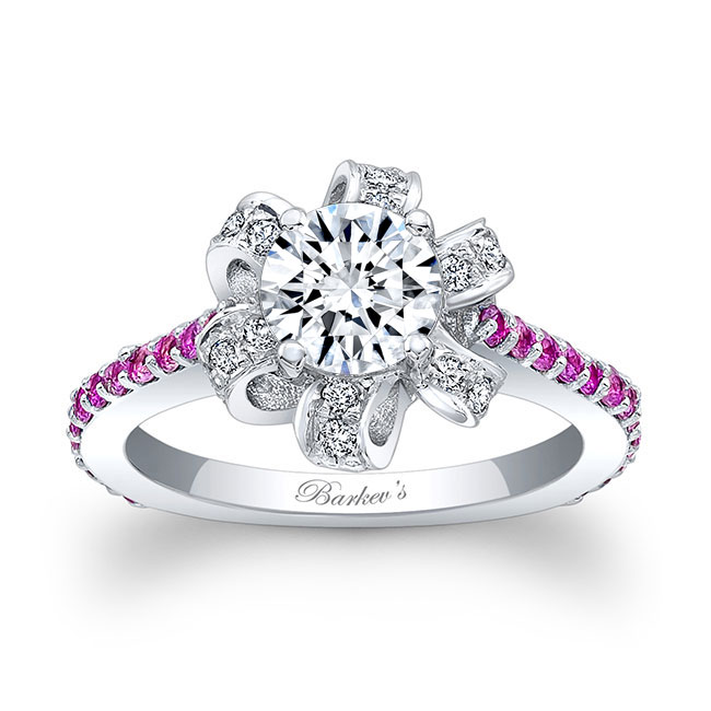  White Gold Ribbon Pink Sapphire Accent Moissanite Ring Image 1