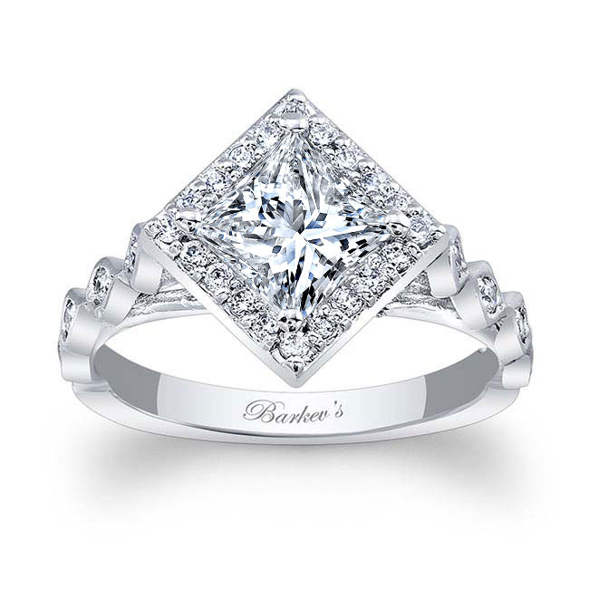  White Gold Vintage Princess Cut Moissanite Halo Ring Image 1