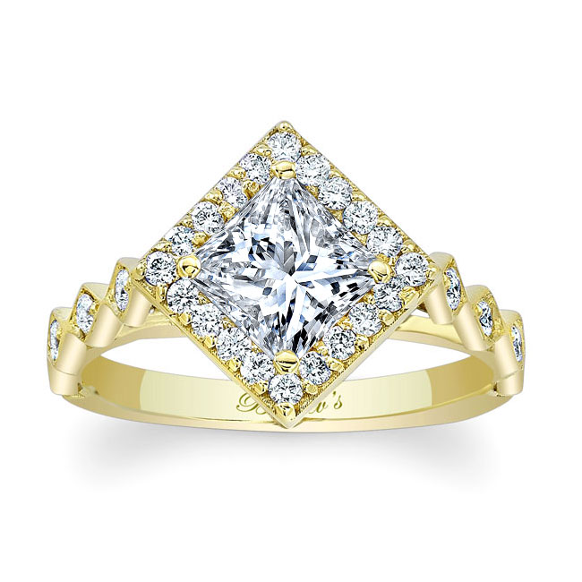  Yellow Gold Vintage Princess Cut Halo Ring Image 1