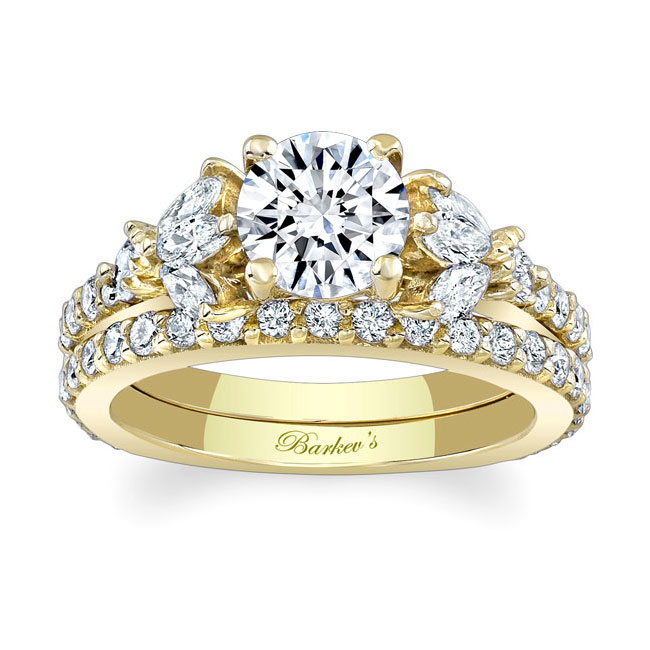 Yellow Gold Marquise And Round Lab Diamond Ring Set