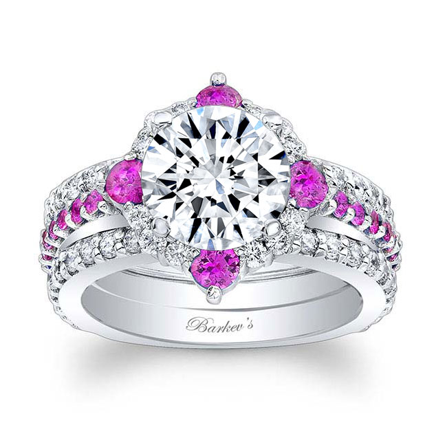 2 Carat Halo Pink Sapphire And Diamond Set With 2 Bands