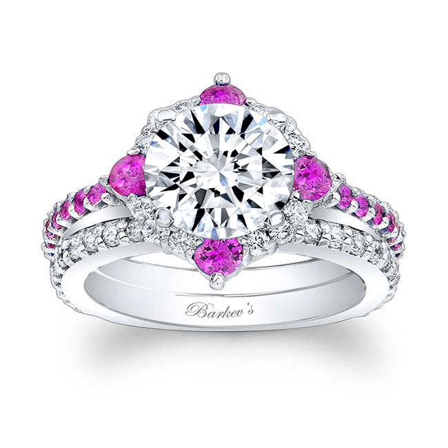 Platinum 2 Carat Moissanite Halo Pink Sapphire And Diamond Bridal Set Image 1