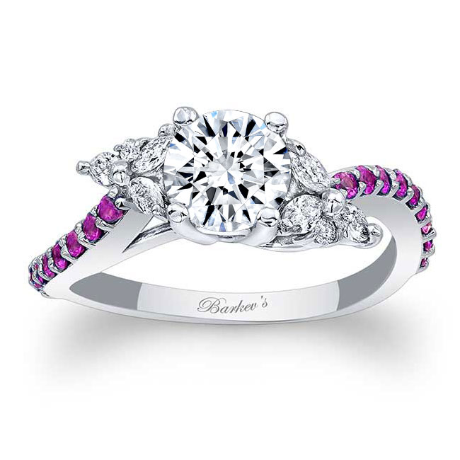  White Gold Round Moissanite Pink Sapphire Accent Ring Image 1