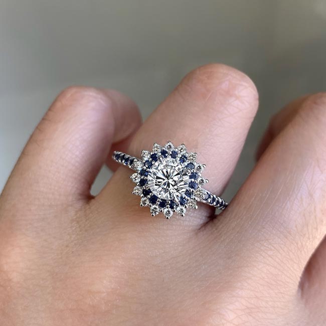 White Gold Lab Diamond Sunflower Ring With Blue Sapphires Image 3
