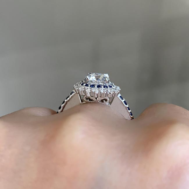 Platinum Lab Diamond Sunflower Ring With Blue Sapphires Image 5