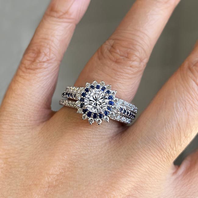 White Gold Blue Sapphire Accent Sunflower Bridal Set With 2 Bands Image 4