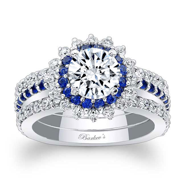  Moissanite Blue Sapphire Accent Sunflower Bridal Set With 2 Bands Image 1