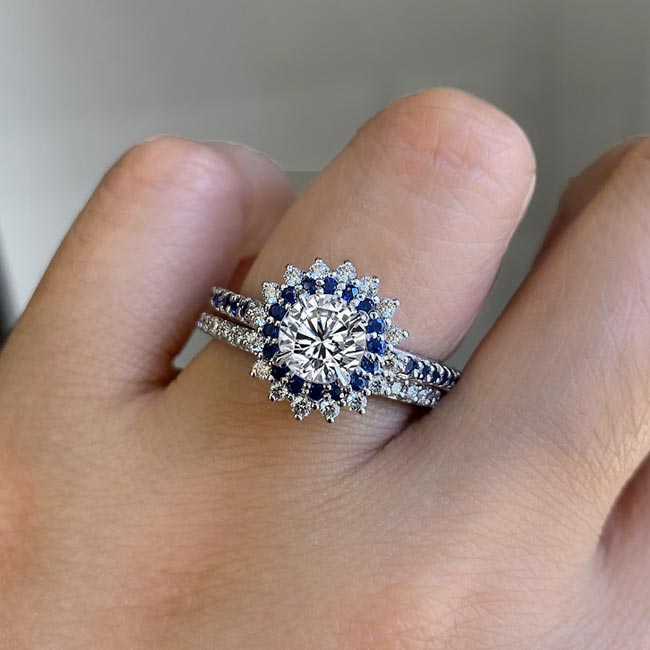 Platinum Lab Diamond Sunflower Bridal Set With Blue Sapphires Image 3