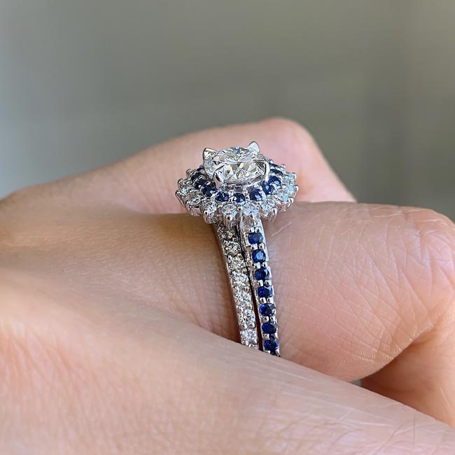 Platinum Lab Diamond Sunflower Bridal Set With Blue Sapphires Image 4