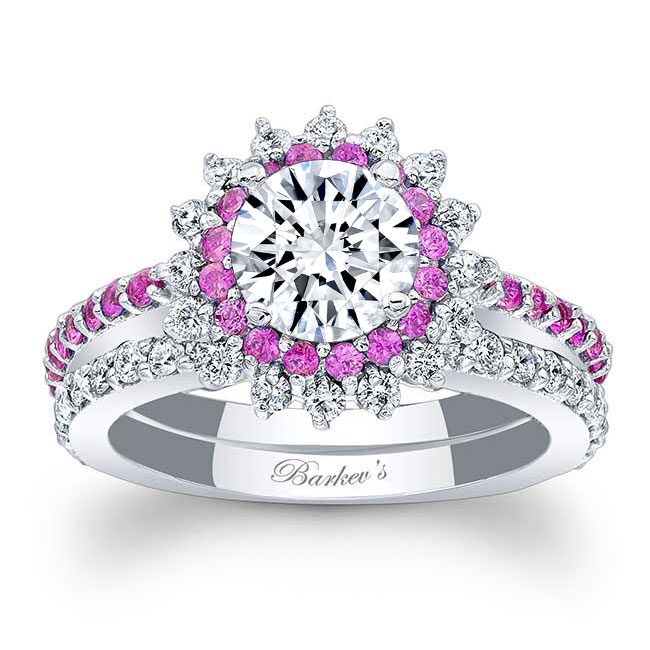  White Gold Pink Sapphire Accent Sunflower Bridal Set Image 1