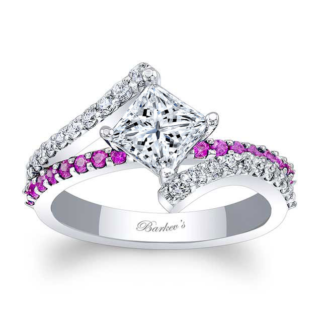 Platinum Pink Sapphire Accent Kite Set Moissanite Engagement Ring Image 1