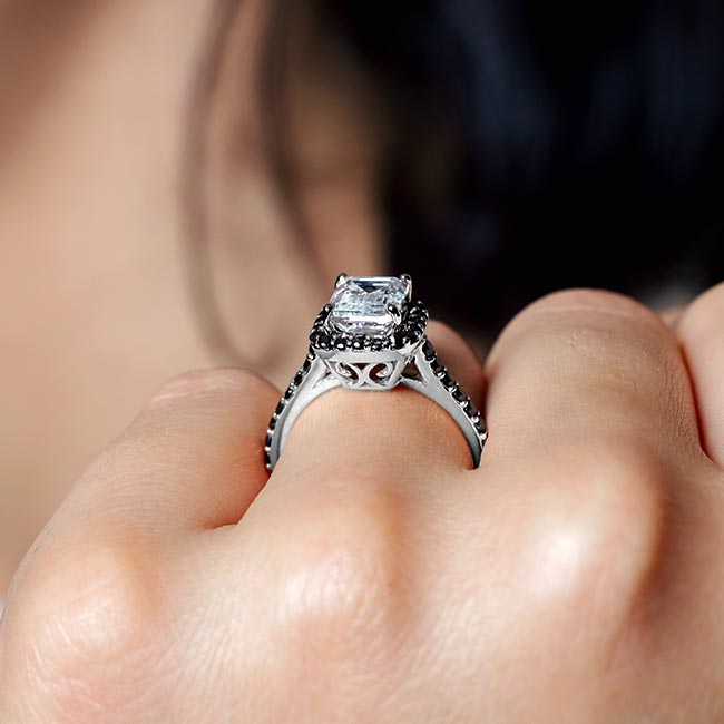 Platinum Emerald Cut Moissanite Halo Ring With Black Diamonds Image 4