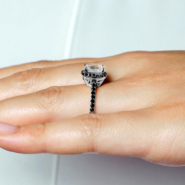 Platinum Emerald Cut Moissanite Halo Ring With Black Diamonds Image 5