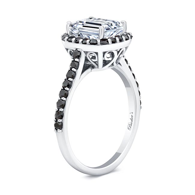 Platinum Emerald Cut Black Diamond Accent Halo Ring Image 2