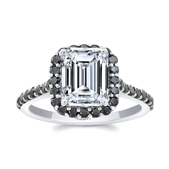 Platinum Emerald Cut Moissanite Halo Ring With Black Diamonds
