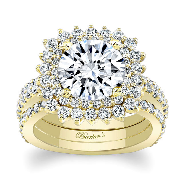 Yellow Gold 3 Carat Moissanite Engagement Ring Set With 2 Bands