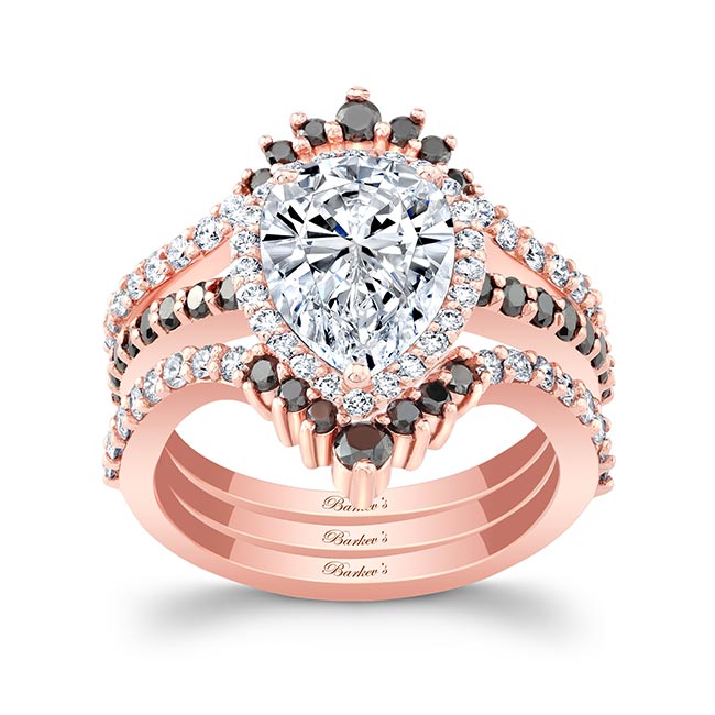 Rose Gold Pear Shaped Black Diamond Accent Wedding Set With 2 Bands